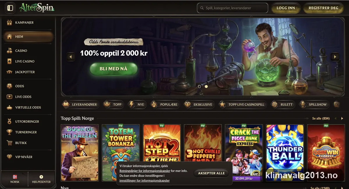 Skjermbilde av forsiden til Alterspin Casino med velkomsttilbudet