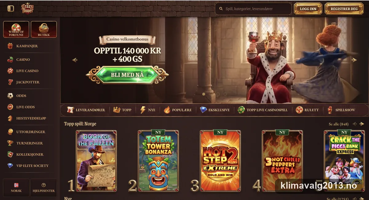 Skjermbilde av forsiden til Crazytower Casino med velkomsttilbudet