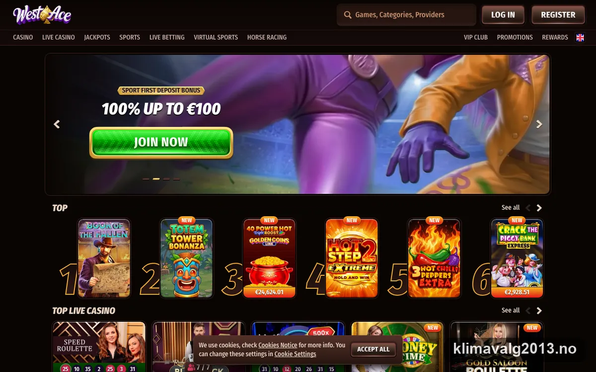 Skjermbilde av forsiden til Westace Casino med velkomsttilbudet