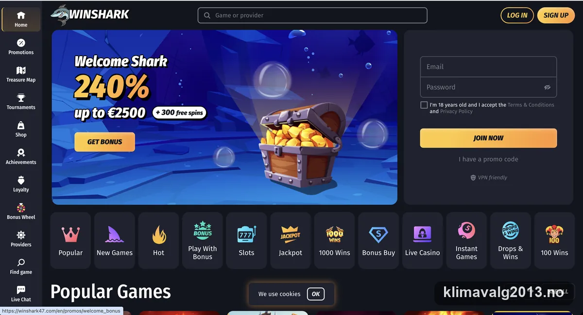 Skjermbilde av forsiden til Winshark Casino med velkomsttilbudet